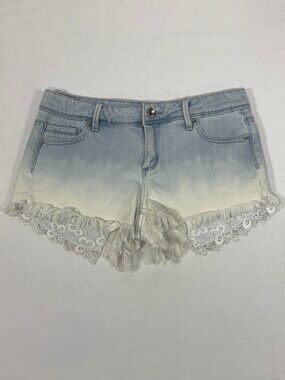Ombre Lace Trim Tractr BLU Light Wash Fringe Cutoff Denim Shorts Size 24